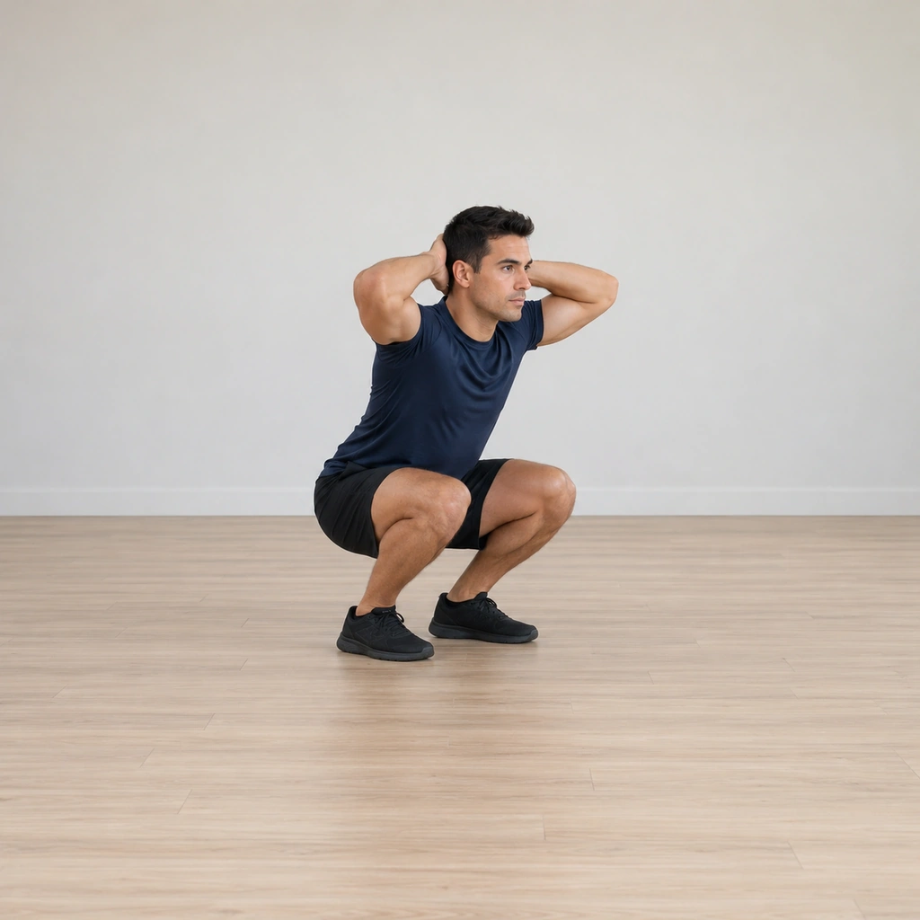 He squats low with both hands clasped behind his head, torso upright and head up, ready to spring forward.