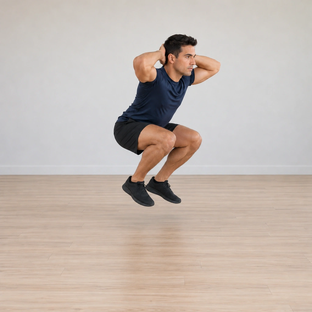 He is airborne moving forward in a low hop, hands still behind his head, feet together under him, knees tucked.