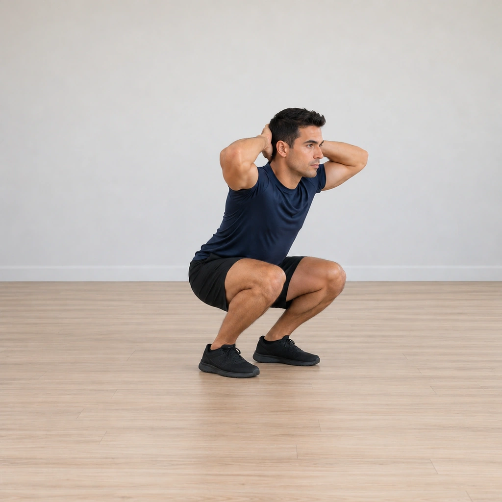 He lands back into the squat, knees bending to absorb the impact through his legs, hands still behind his head, torso upright.