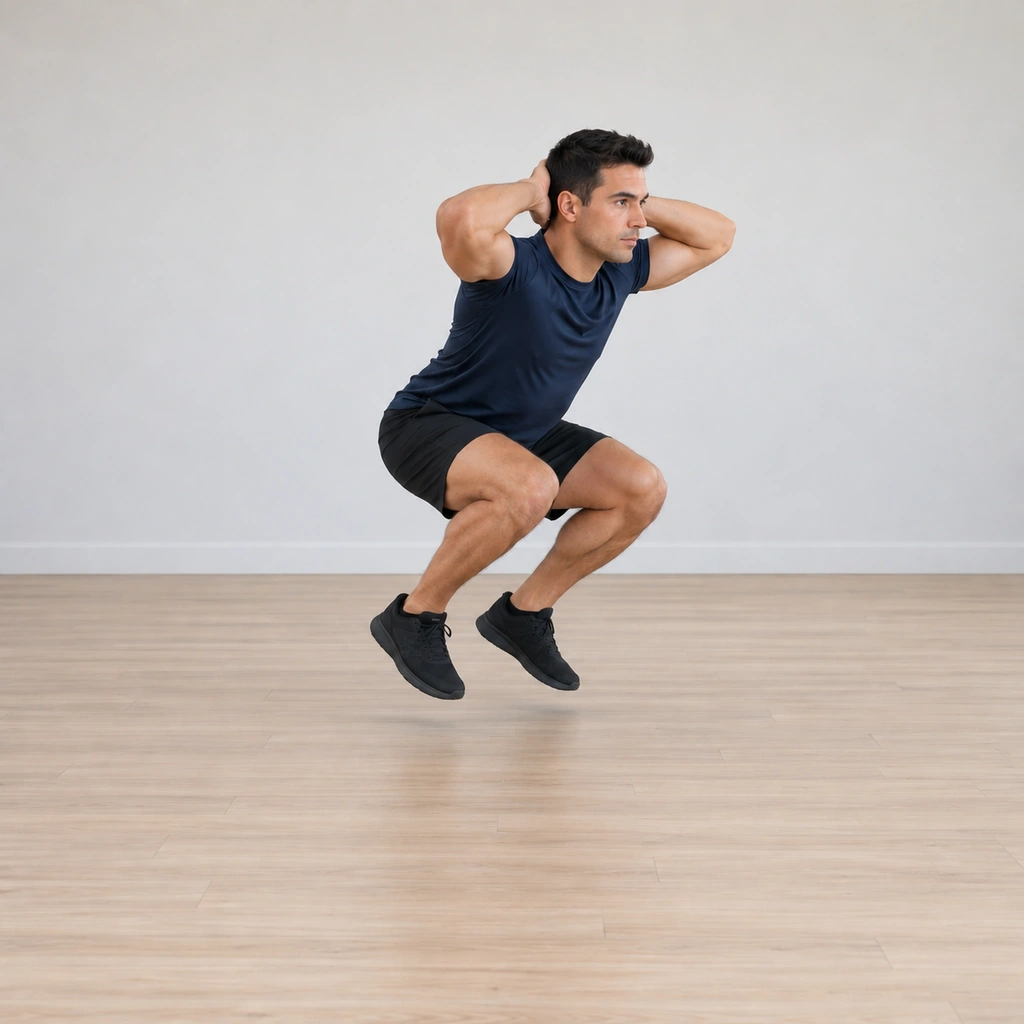 He rebounds straight into the next forward hop from the absorbed squat, airborne again, hands still behind his head.