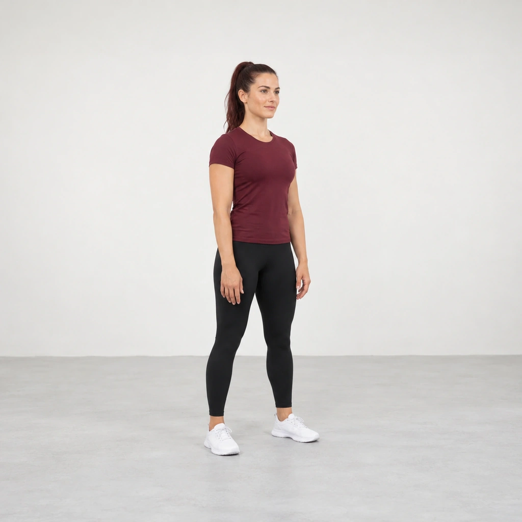 Woman standing with her feet a little wider than her hips and her arms hanging down in front of her.