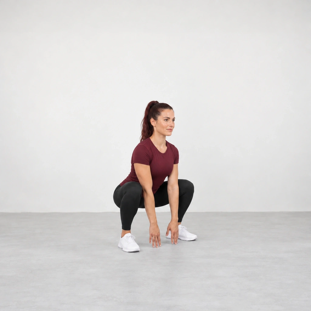 Woman in a deep squat with her heels down and her fingertips brushing the floor between her feet.