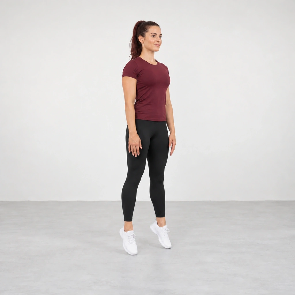 Woman stretched tall on the balls of her feet with her arms pointing down, pushing off into a jump.
