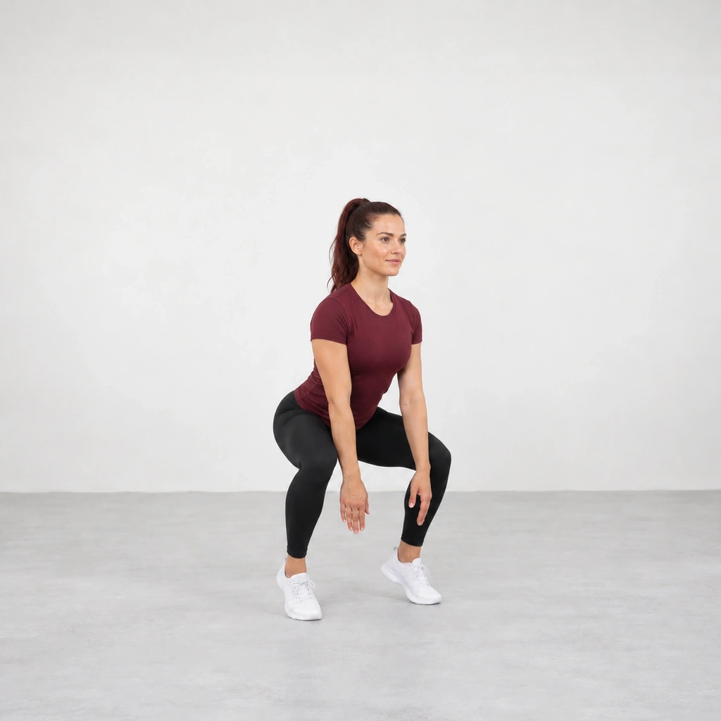 Woman landing on the balls of her feet with her knees bending and her arms pointing down.