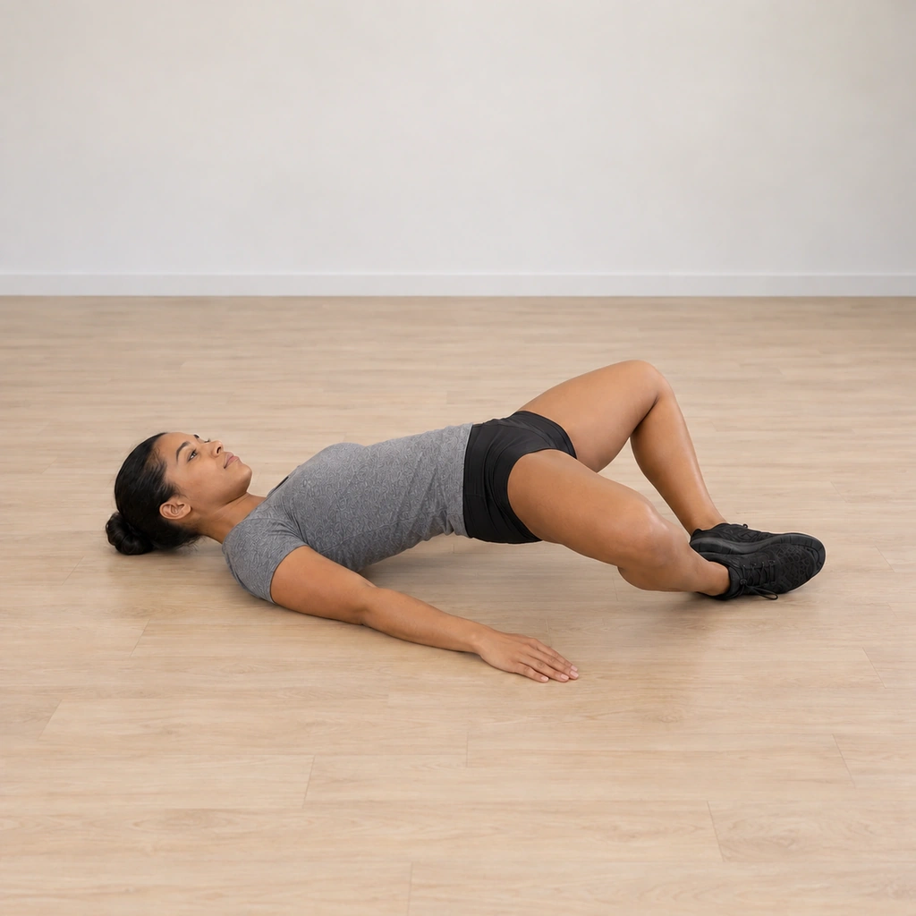 She pumps her hips up off the floor fast, squeezing the glutes, soles still pressed together and knees still out.