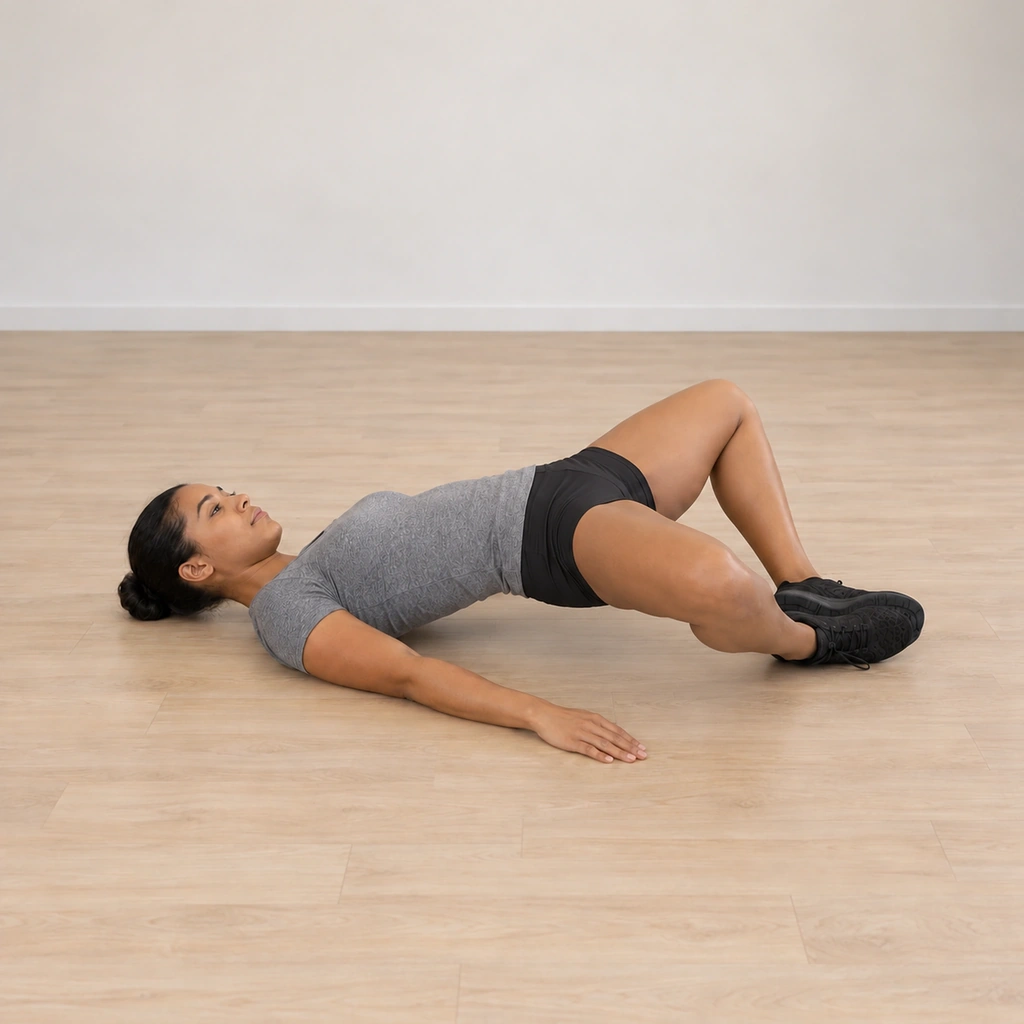 She holds her hips at the top of the pump, body in a bridge from shoulders to knees, soles together and knees wide.