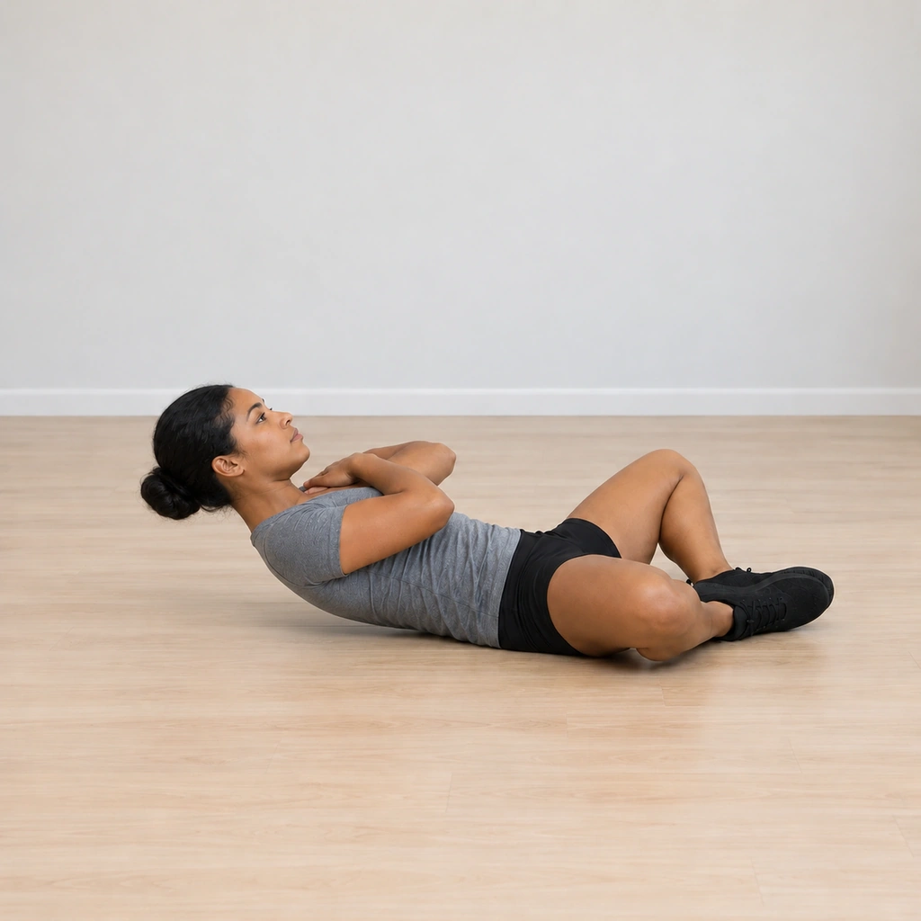 She exhales, flattens her lower back against the floor and curls her head and shoulders up through the first quarter of a sit-up, arms still crossed to the shoulders, the diamond legs still.