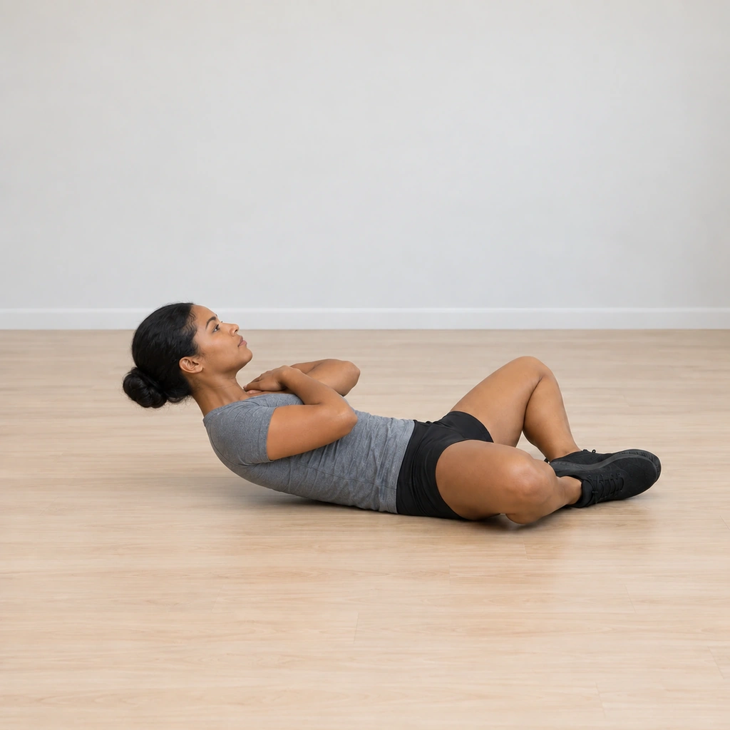 She holds the quarter-curl top for one second, head and shoulders lifted, arms crossed to the shoulders, the diamond legs still.