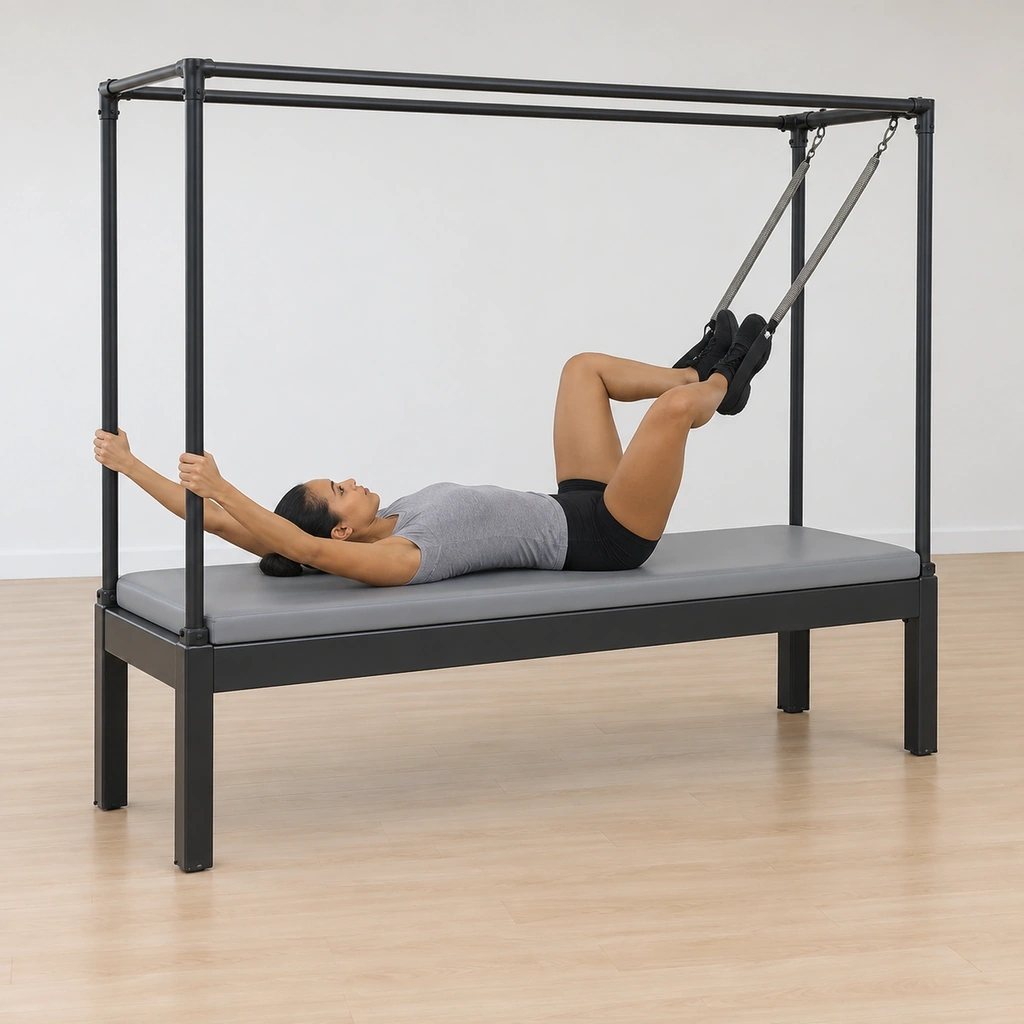 She lies supine on the cadillac table with her head toward the springs, her hands gripping the vertical poles above her elbows, both feet in the sprung loops with her heels hugged together and her knees apart, her pelvis pressed down on the mat.