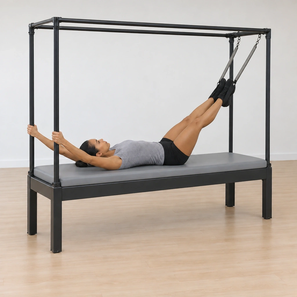 Her legs reach straight out toward a diagonal on the same line they left from, her heels still hugged together, the springs drawing open while her pelvis stays down on the mat and her hands hold the poles.