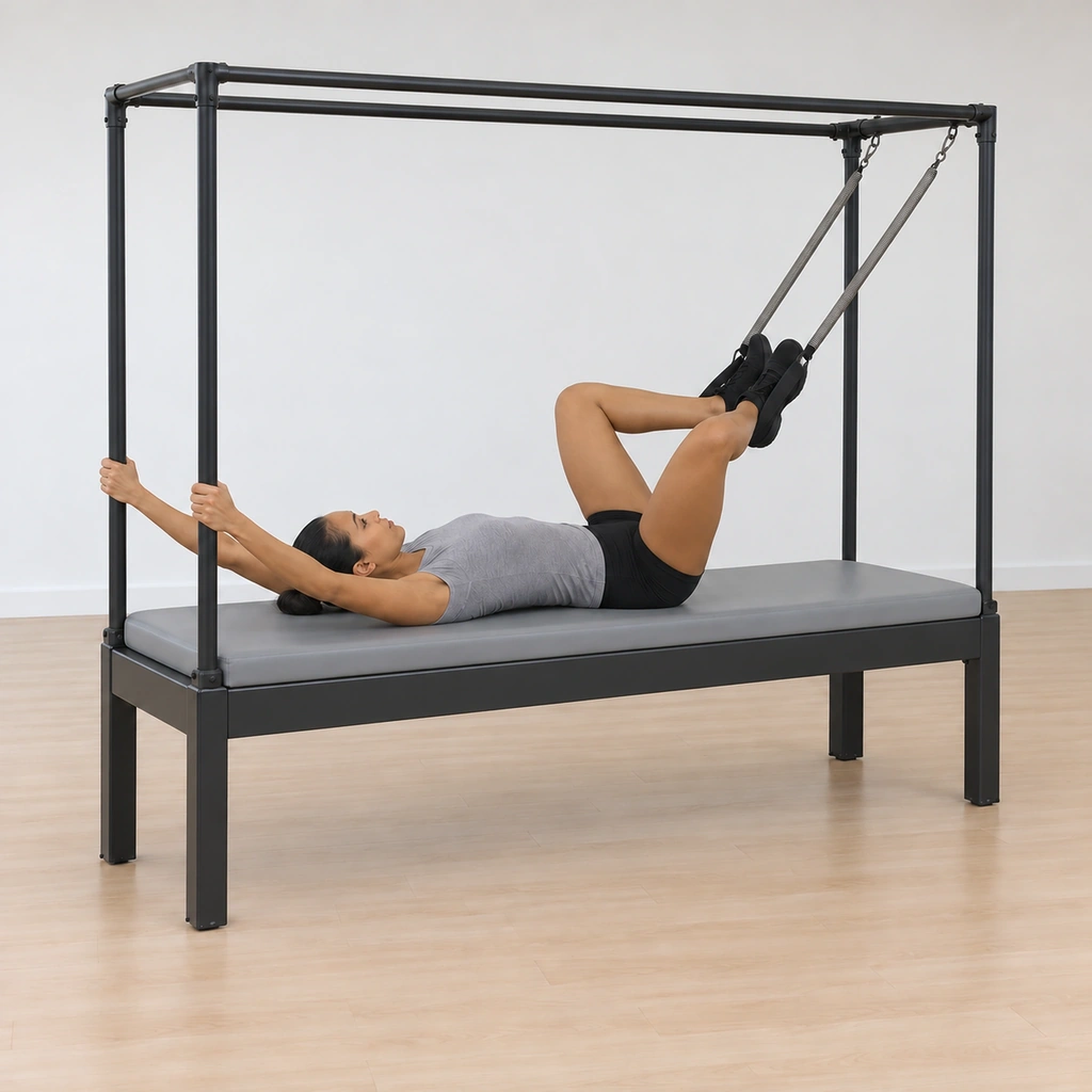 Her knees are bending in over her chest with her heels hugged tight together, the springs resisting as they close, her pelvis still pressed down and her hands still on the poles.