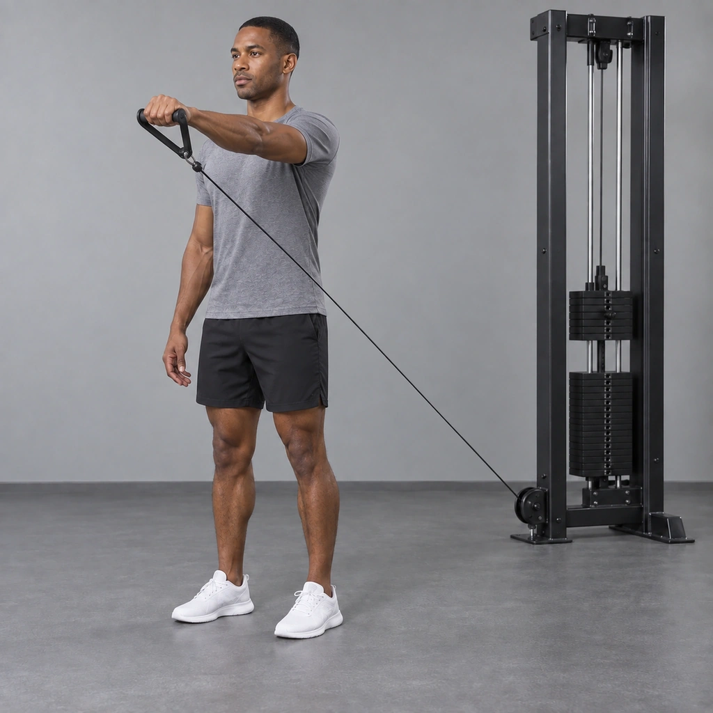 The same man, his left arm now raised to the front until it is slightly above shoulder height, palm down.