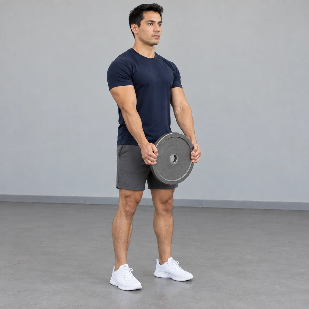 A man standing, both hands gripping a round plate low in front of his waist, arms extended.