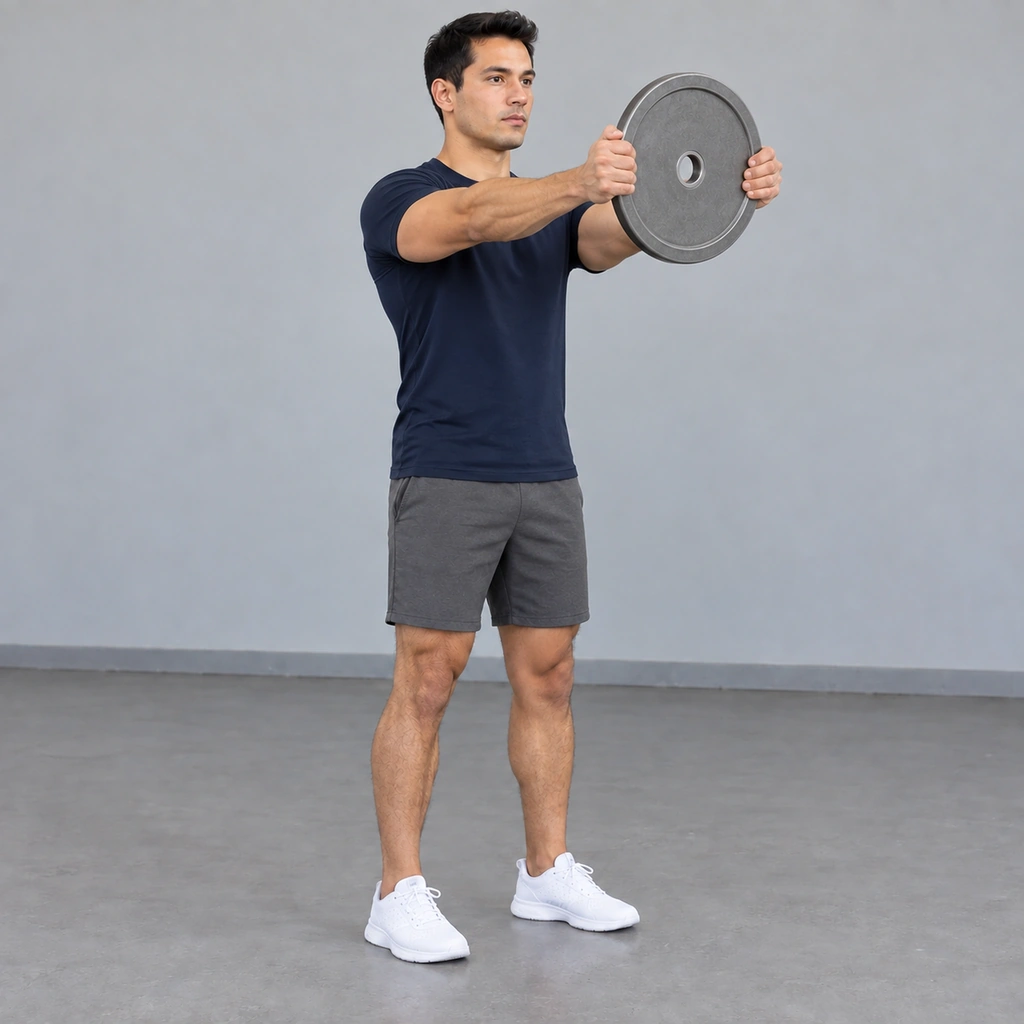 The same man, now holding the plate raised to a little above his shoulders, in front of his body.
