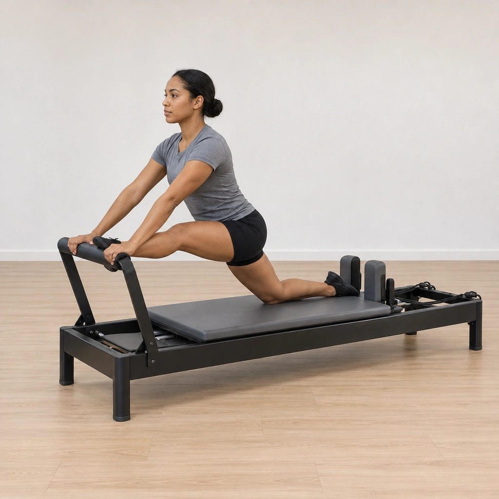 A woman crouches on the reformer in a sagittal split: both hands and her front foot on the foot bar, her back foot against the shoulder pad, the back knee lowered toward the carriage.