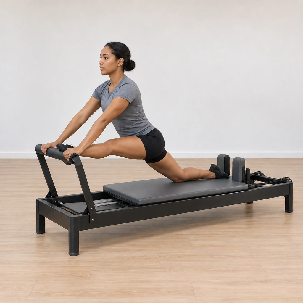 She holds the carriage well back, the sagittal split deep, hands and front foot still on the bar, back knee down.