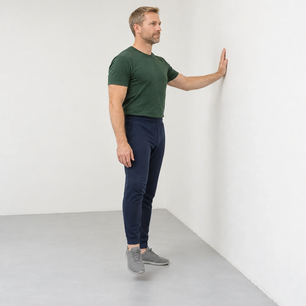 Man standing on his left leg beside a wall with his left hand on it and his right foot just off the floor.