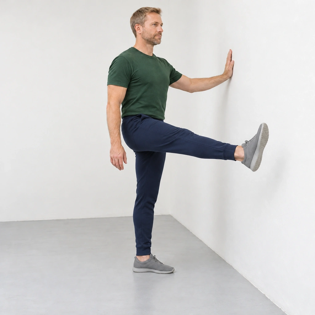 Man beside a wall swinging his straight right leg forward to about hip height, left hand on the wall.