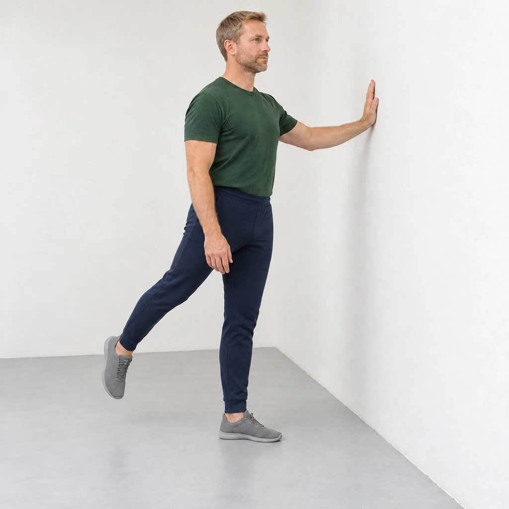 Man beside a wall with his straight right leg swung back behind him and his trunk upright.