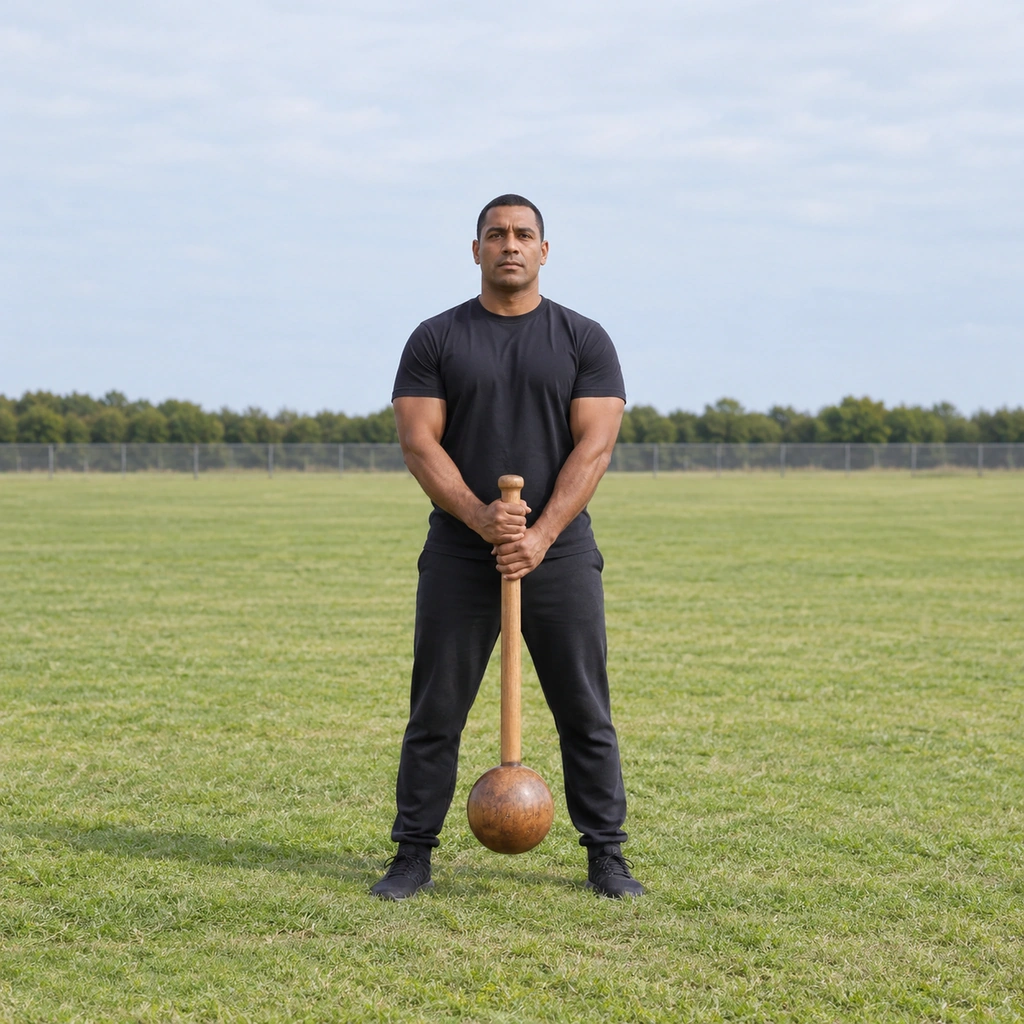 A man holding a gada at the front resting position, both hands on the shaft.