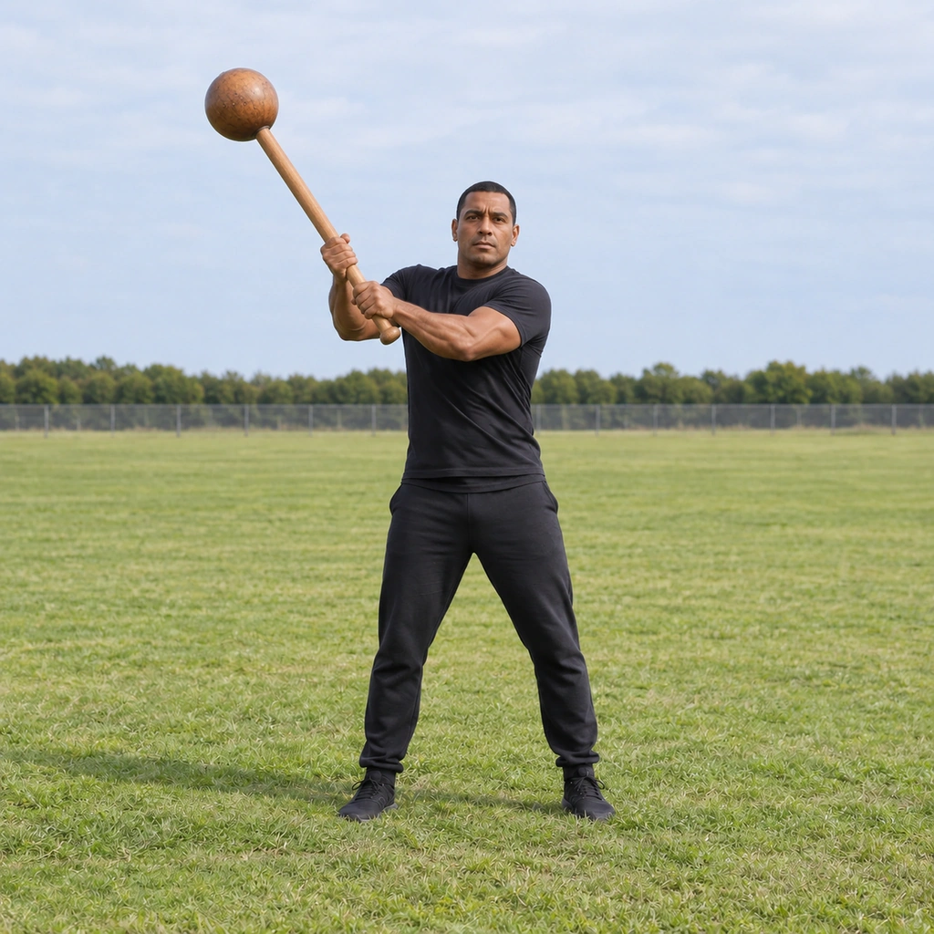 A man pushing the gada up and slightly to the side as it begins to fall, his shoulders quarter-turning.