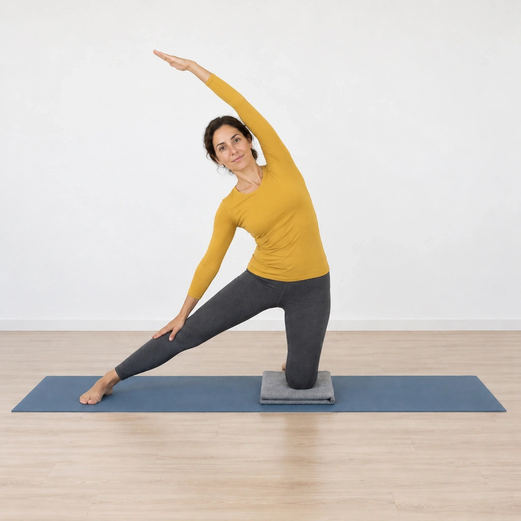 Woman kneeling on her left knee with her right leg out to the side, bending sideways over it with her right hand on her shin and her left arm reaching over her head.