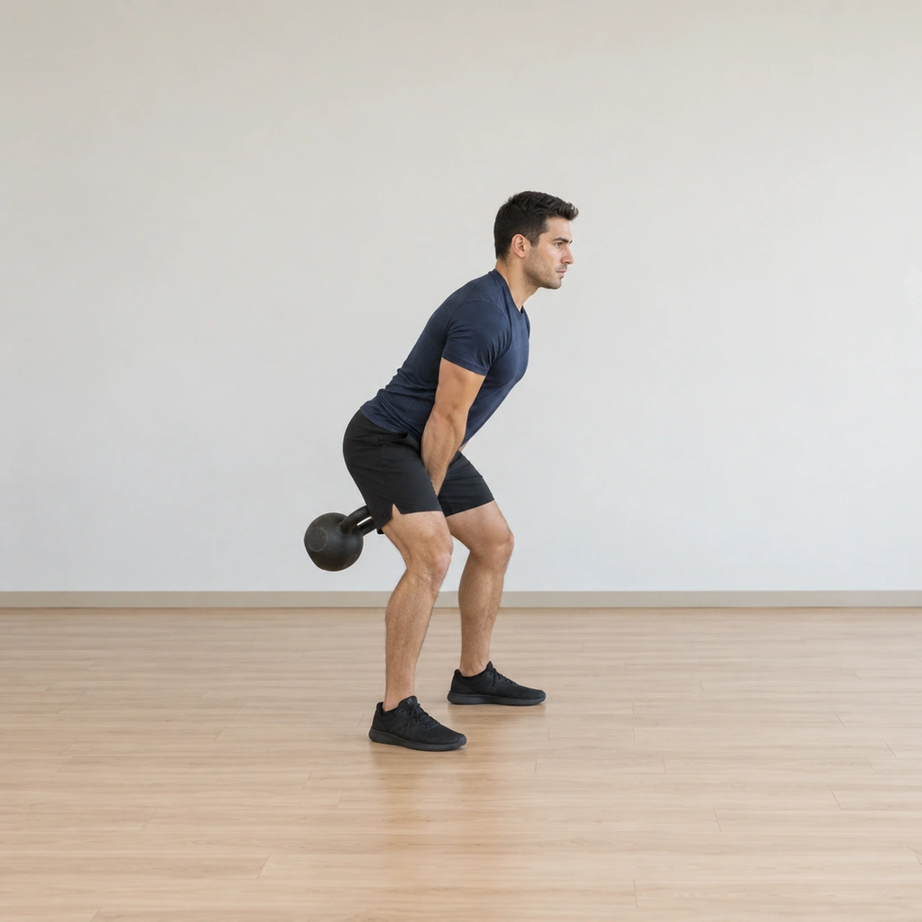 He hinges at the hips with the lumbar straight, one arm relaxed carrying the kettlebell swung back between his legs to the dead point, weight on his forefeet.