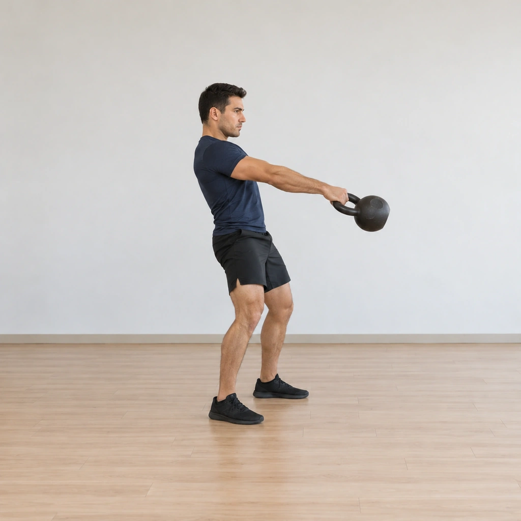 He rises from the hinge as the kettlebell floats up past his knees toward chest height, his arm relaxed as a rope and the weight shifted to his heels.