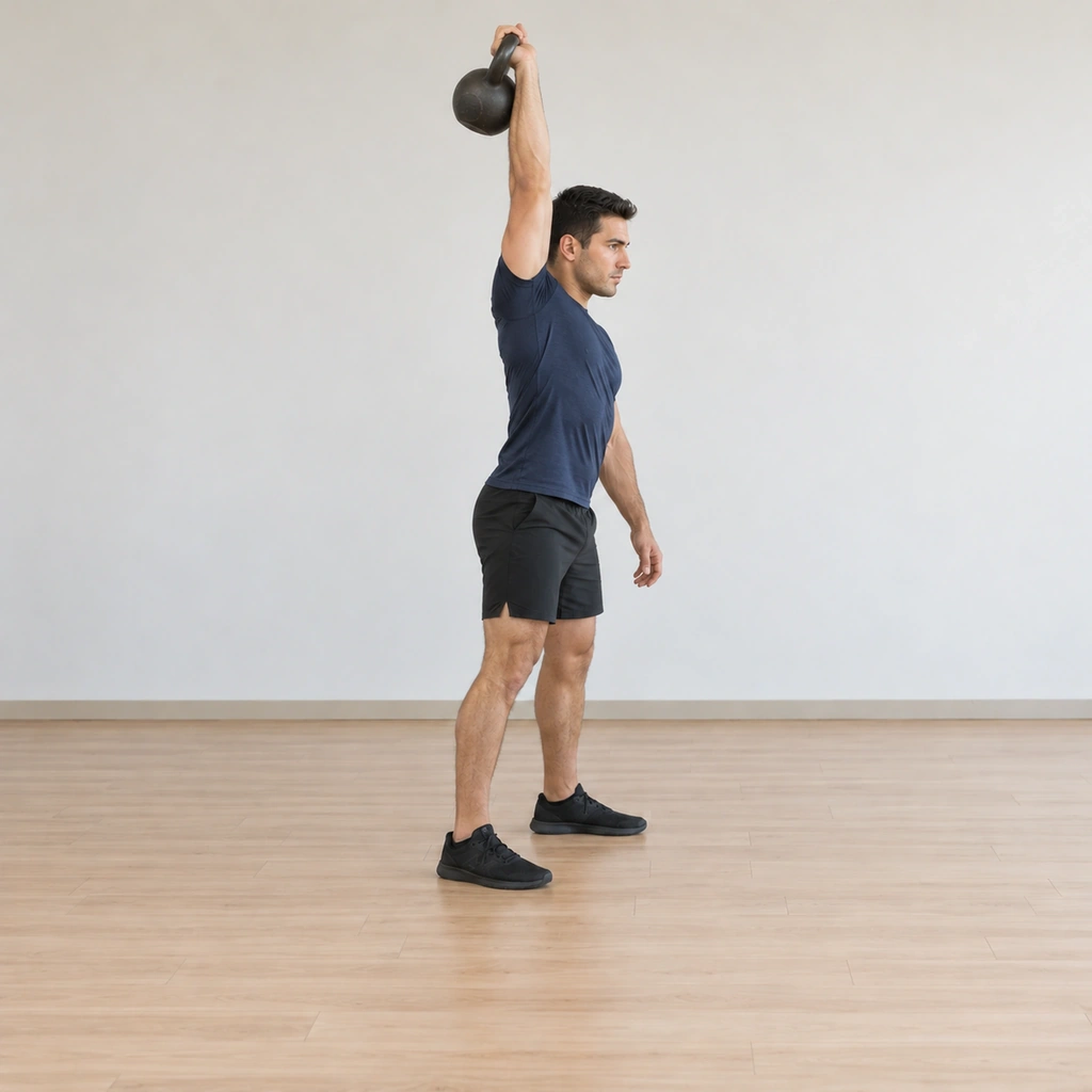 He stands straight with one arm locked overhead, the kettlebell resting overhead with its handle lying diagonally on his palm, legs relaxed.