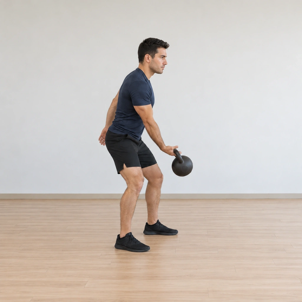 He supinates his palm and lets the kettlebell fall, catching it about hip level on a relaxed straight arm with the handle held in his finger hook, knees soft.