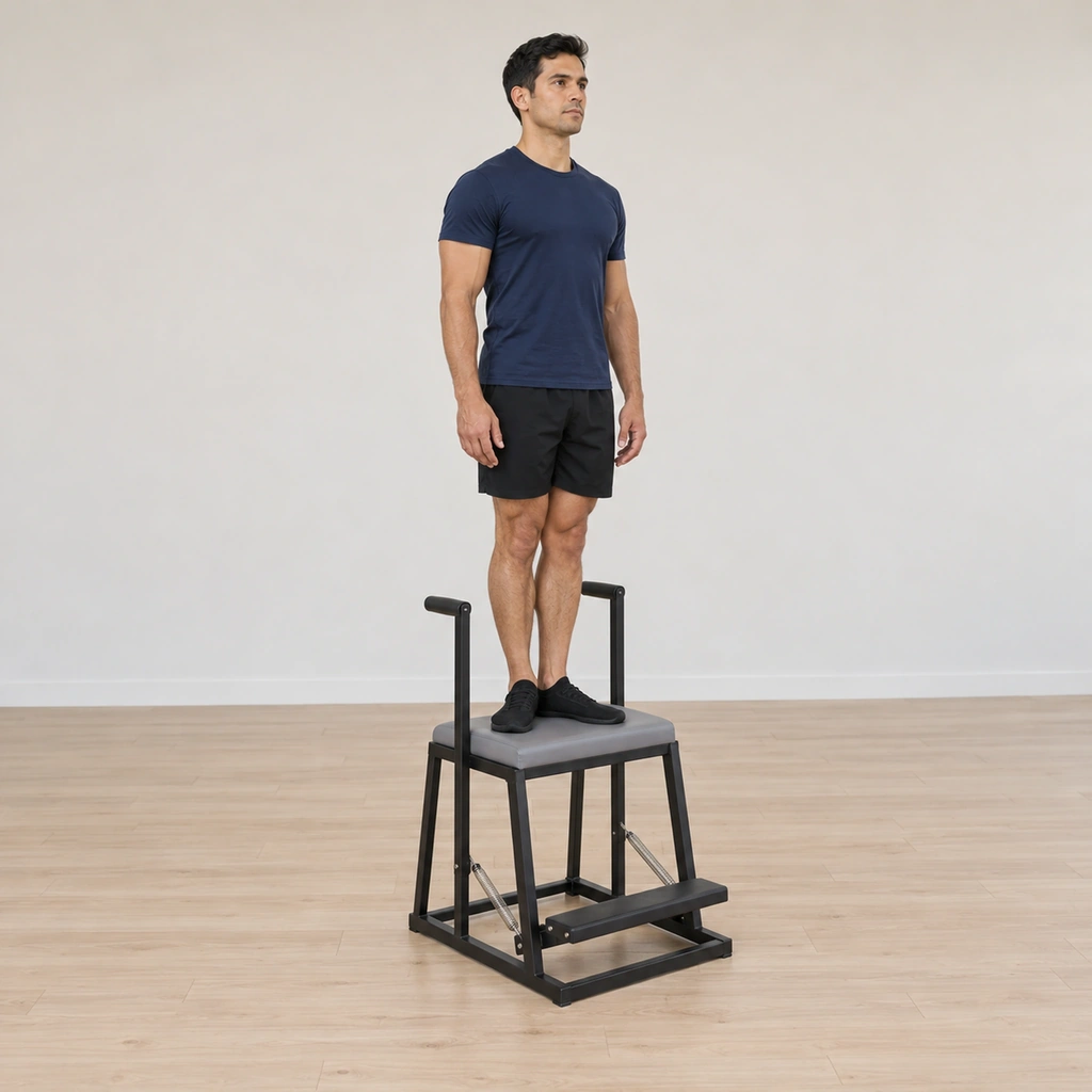 He stands tall centered on the wunda chair top facing the pedal side, his heels together and toes apart, his arms settled at his sides and his gaze forward.