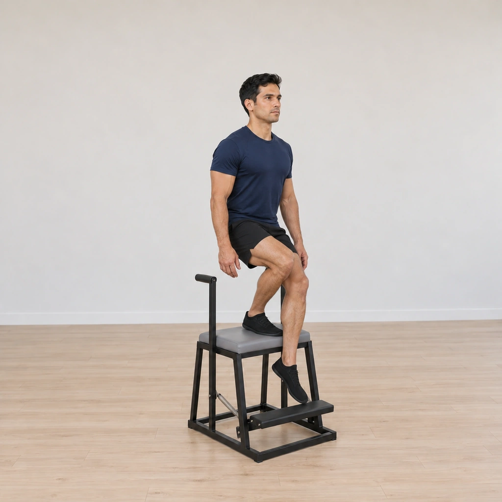 The ball of his one foot is reached back onto the spring pedal as his body lowers into a squat, his supporting heel reaching down into the chair top and his torso staying tall.