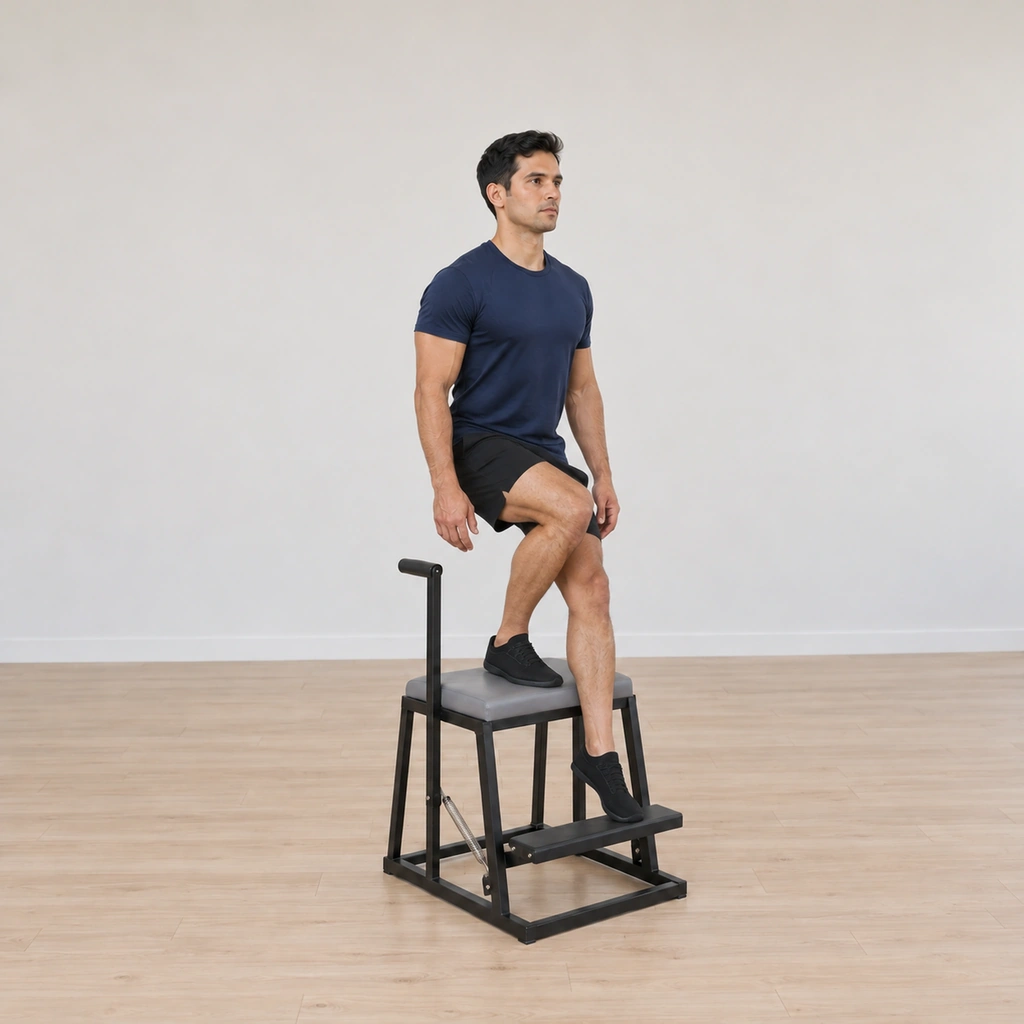 His pedal leg works the spring pedal down and up behind him while he holds the low squat on the chair top, the drive coming from the back of that leg, his torso still tall.