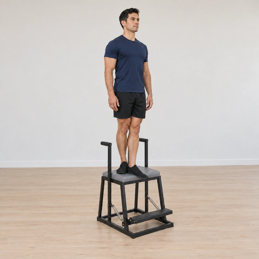 He is rising back toward tall on the chair top with the pedal lifted under control beneath his foot, his heels-together line restored and his torso tall.