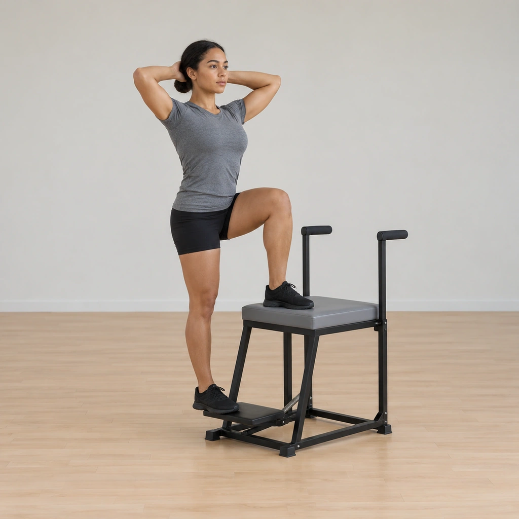 She faces the wunda chair mounted with one foot on the chair top and the other foot on the lowered spring pedal, her hands behind her head and her torso upright.