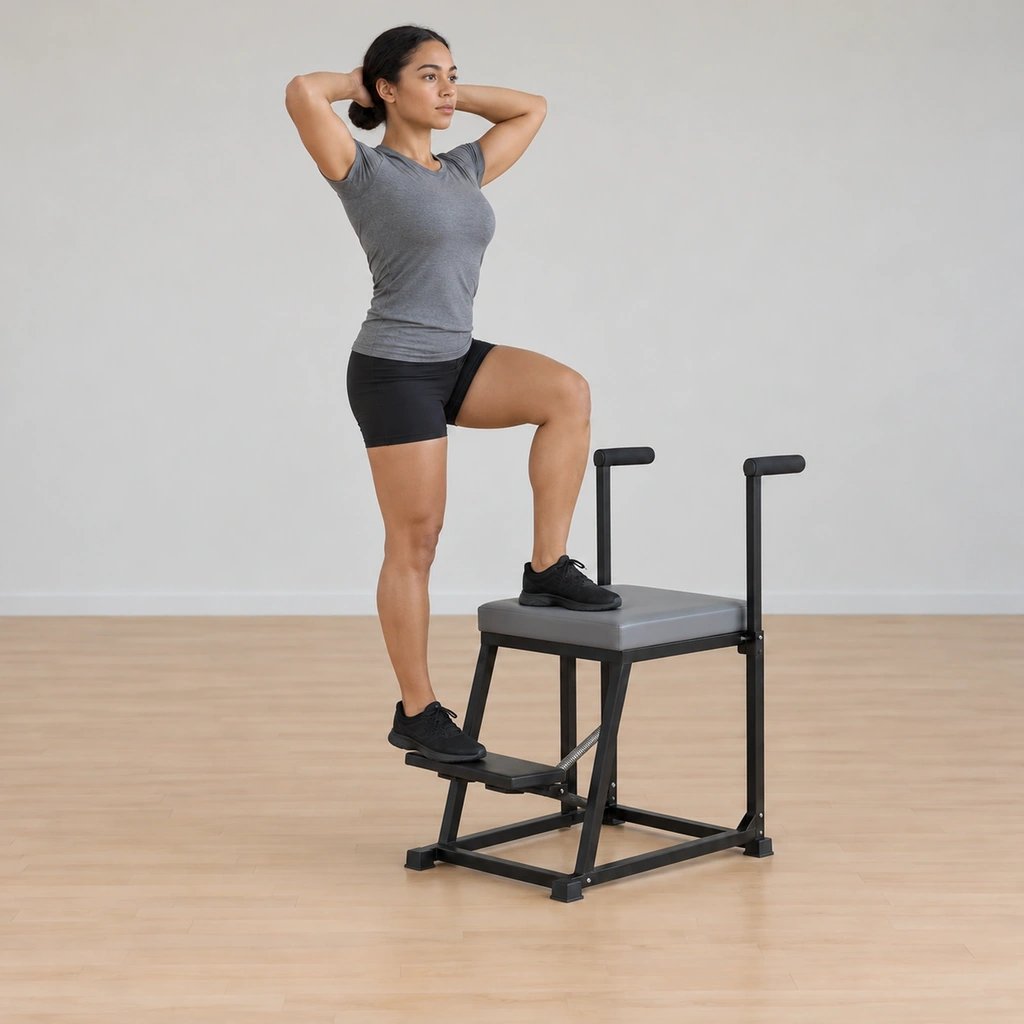Her pedal leg has floated the spring pedal upward while she stays upright facing the chair, her shoulders over her hips, her legs hugging toward each other and her hands still behind her head.