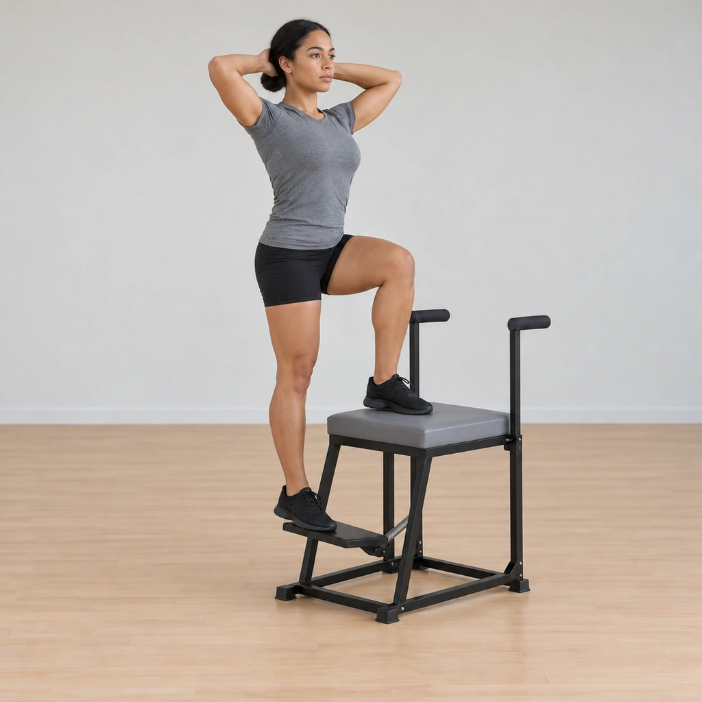 Her float is held at the top with the pedal raised high under her pedal foot, her weight centered between both feet, her torso tall and her hands behind her head.