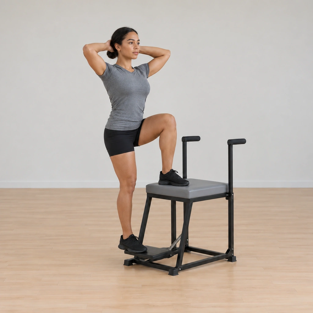 Her pedal is lowering under control toward the start height while she keeps lifting through her center, still upright facing the chair with her hands behind her head.