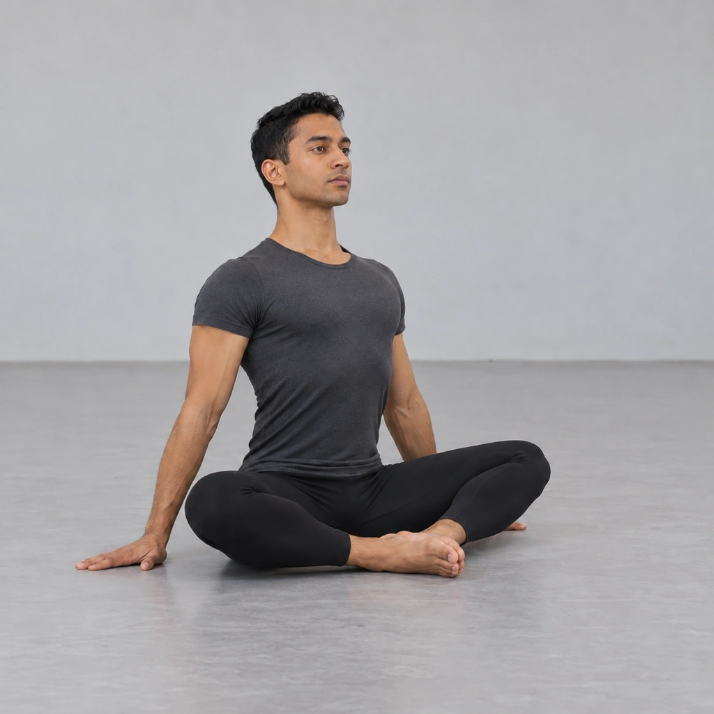 The same seated man, his torso visibly lengthened and lifted as the breath rises through the spine, chest beginning to open.