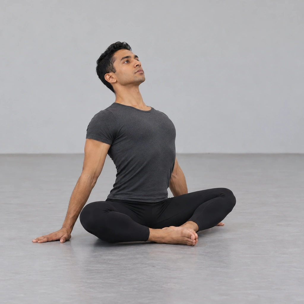The man in the high release: spine fully lifted, chest and sternum opened toward the ceiling, neck long, hands still light on the floor.