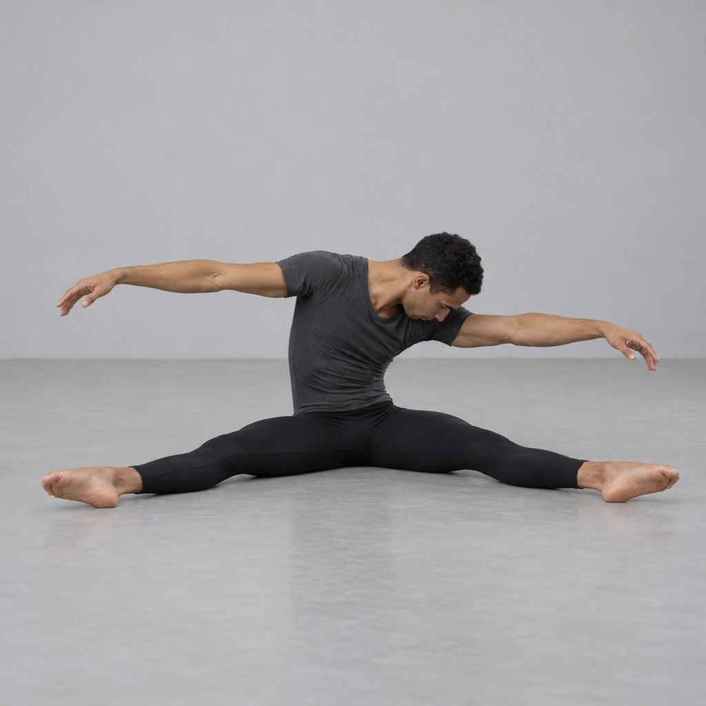 A man seated with legs in second position, torso spiraled and contracted to his right, both arms extended to the sides in a slightly-bent second parallel line.