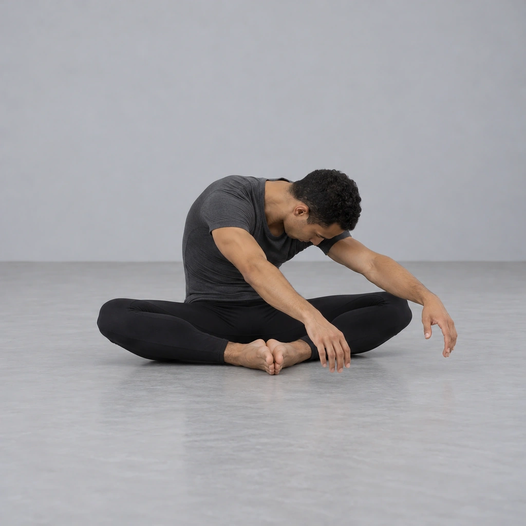 The man now with the soles of his feet together and knees opened, torso curled deep in the contraction, arms carried low-forward.