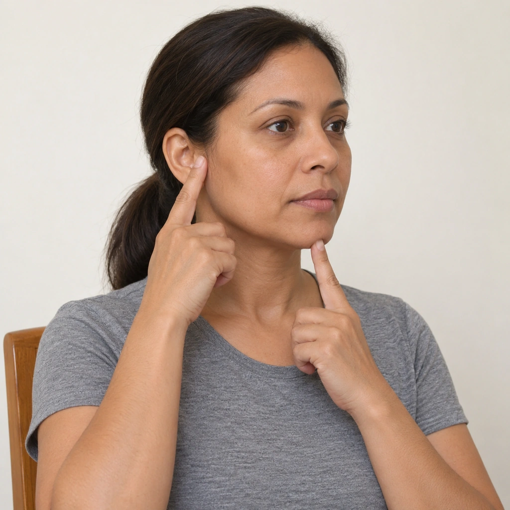 A woman sitting tall on a plain chair with her mouth gently closed, her right index finger resting on her right jaw joint near her ear and her left index finger resting on her chin.