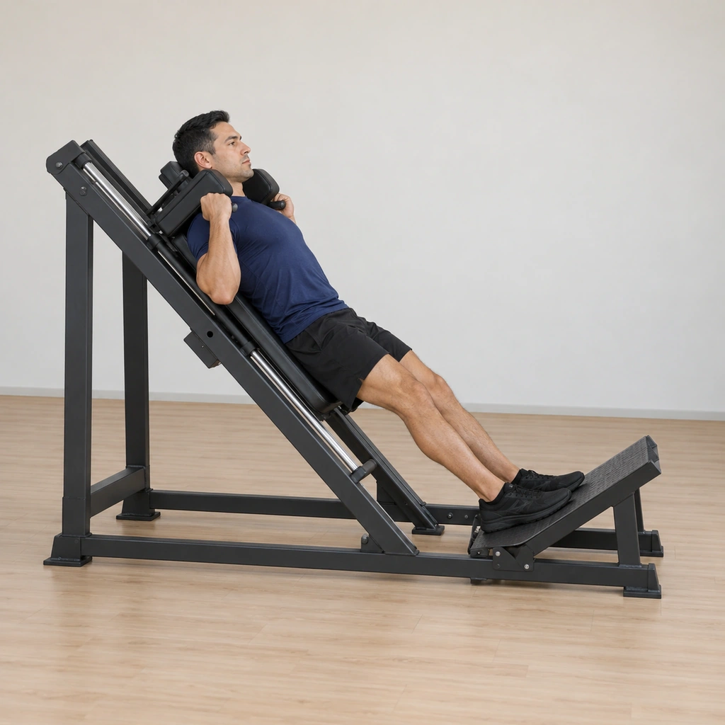 He stands tall in the machine: his back rests on the angled back pad, his shoulders sit under the yoke pads, his feet plant shoulder-width on the platform and the safety levers are disengaged.