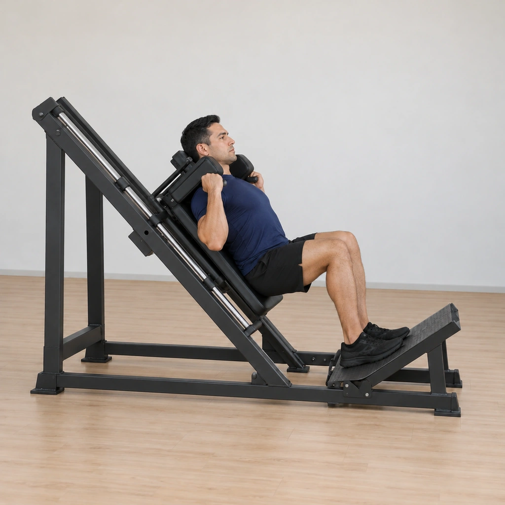 He descends under control: knees bending past forty-five degrees, his back still pressed to the back pad, shoulders trapped under the yoke pads, feet flat on the platform.