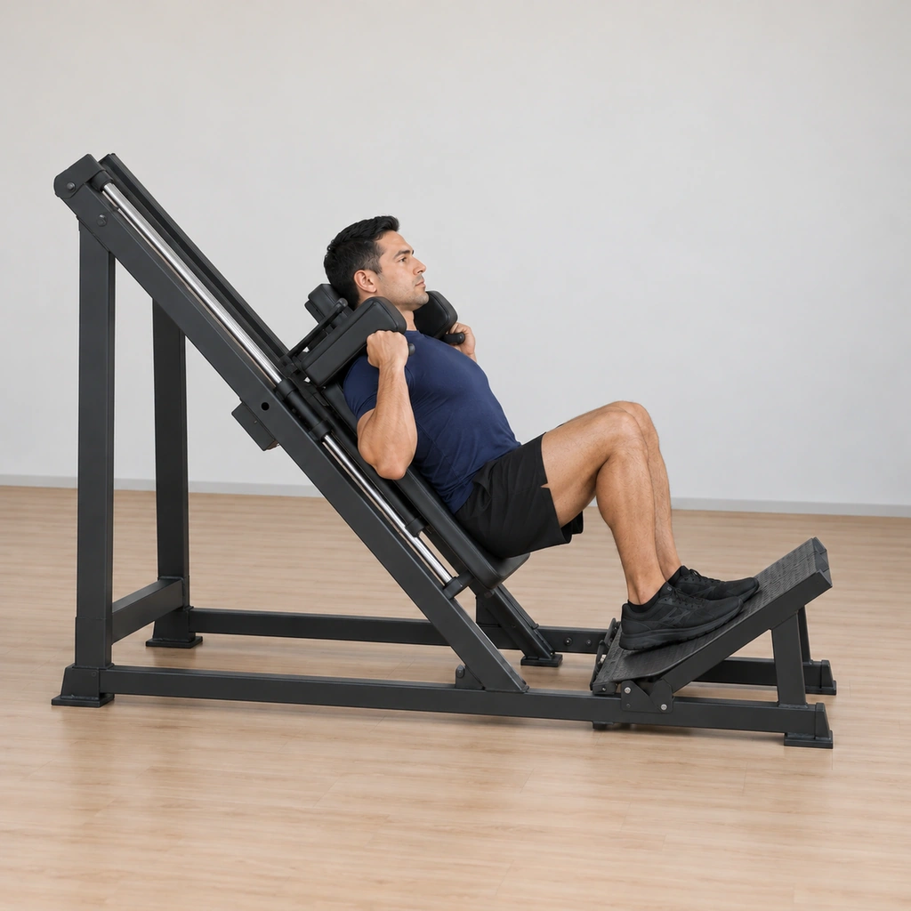 He sits at the bottom: his knees bent to ninety degrees, heels pressing the platform, back fully on the pad and the sled at its low point on the track.