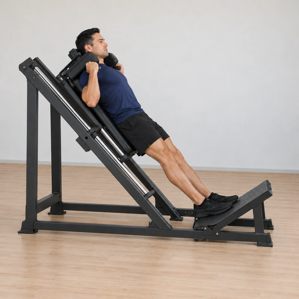 He drives back up: knees extending powerfully, his heels pressed hard into the platform, his back and shoulders still trapped against the pads as the sled rises on the track.