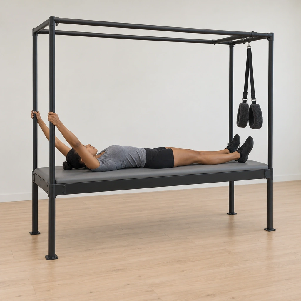 She lies supine on the cadillac table with her head toward its end, the two fuzzy loops hanging a forearm's distance past the end, her hands holding the vertical poles beside her.