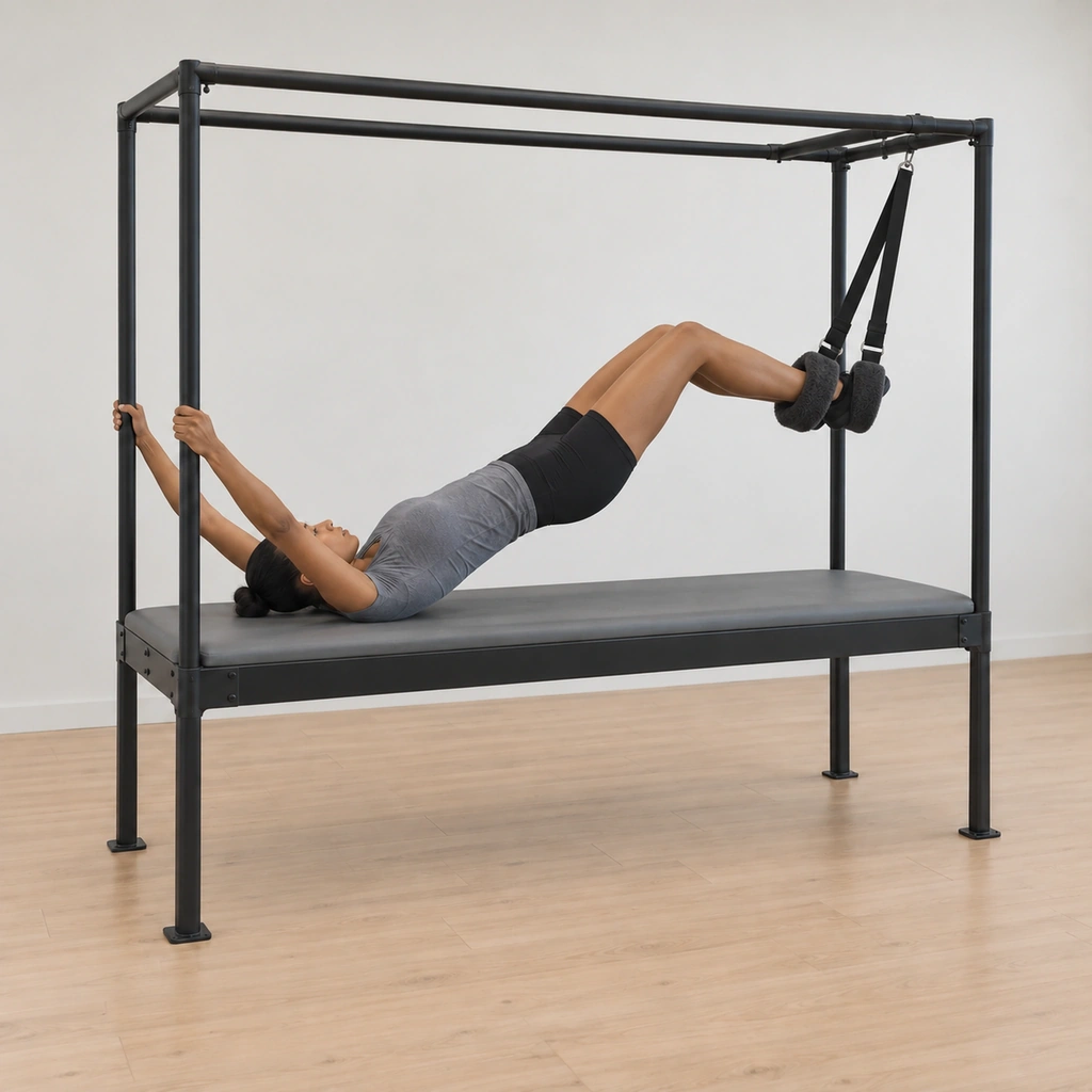 Her hips are lifted off the table while she holds the poles, each foot being placed into its fuzzy loop at the table end, the loops ready to take her ankles.