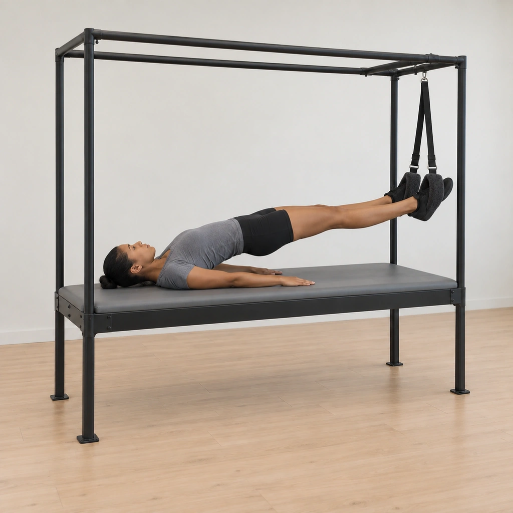 Her arms have pushed toward straight and now rest down by her sides while her hips stay suspended off the mat, her ankles held by the fuzzy loops - the held half-hanging rest.
